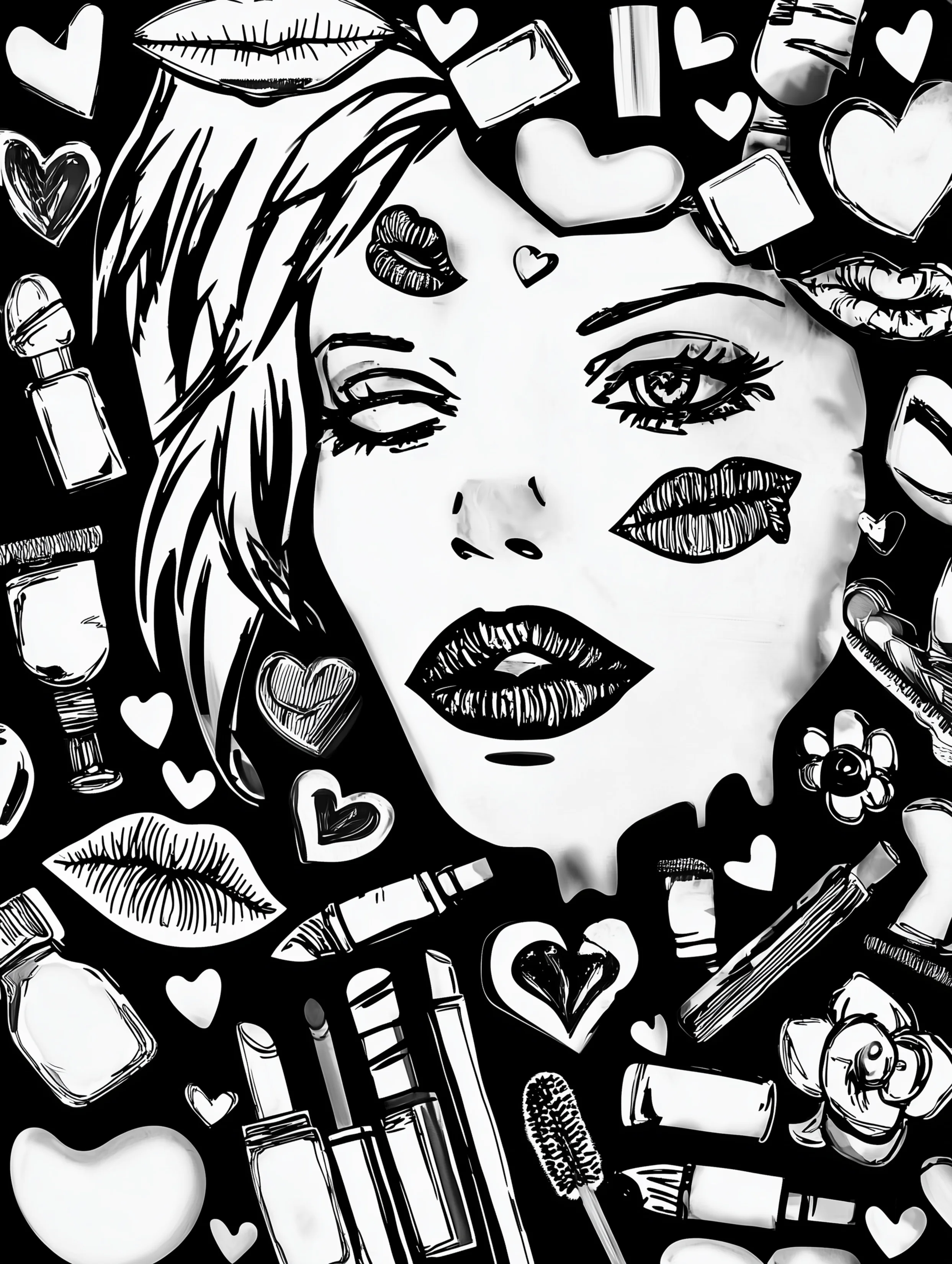 Free printable makeup coloring page for adults featuring a woman with lipstick and face markings